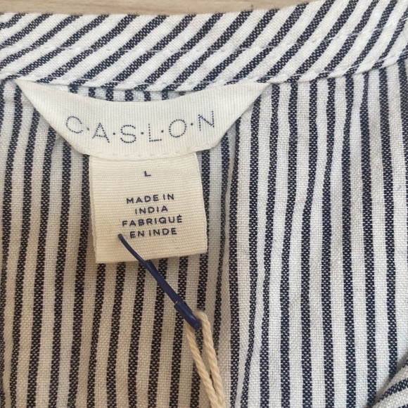 NWT Caslon Womens L Striped Sleeves Blouse. Ruffles. Cute neckline. Pom poms. - Picture 10 of 12